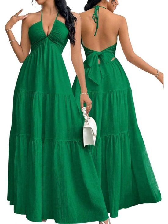 Dresses & Skirts - Women's Maxi Summer Dresses Green Halter V Neck Beach Dresses A-Line Dress